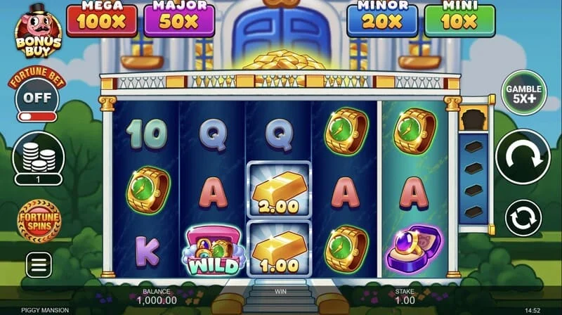 Piggy Mansion – žaidimo ekranas su 5x3 tinkleliu ir piniginiais simboliais